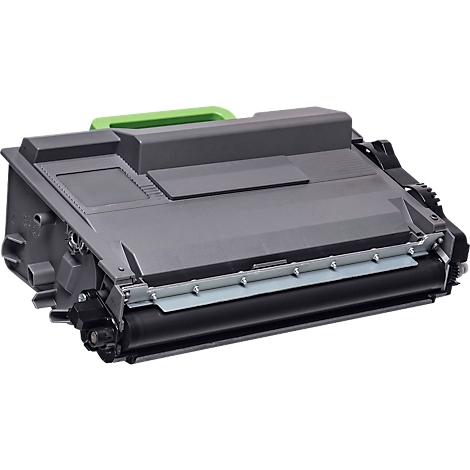 Graue Lasertoner-Kartusche für Drucker mit einem grünen Griff auf weißem Hintergrund.