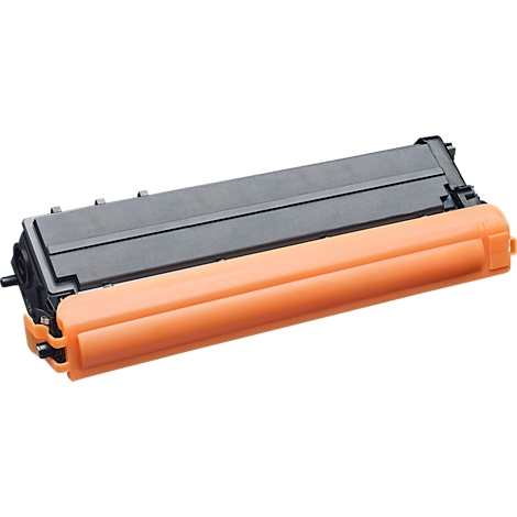 Schwarze Tonerkartusche für Laserdrucker mit schützender, orangefarbener Kunststoffabdeckung.
