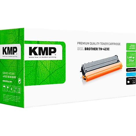 KMP Tonerkartusche ersetzt Brother TN-423C in einer grünen und weissen Verpackung mit Blattmuster.