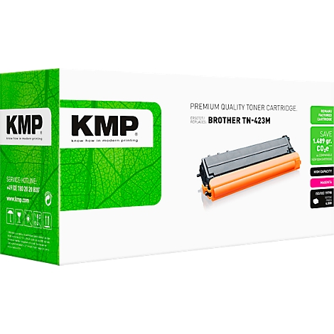 KMP Toner Kartusche für Brother TN-423M in weisser Verpackung mit grünem Blättermuster.