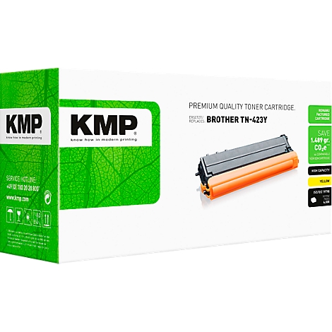 KMP Tonerkartusche für Brother TN-423Y in gelb, verpackt im Karton.