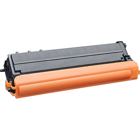 Schwarze Tonerkartusche für Drucker mit einer orangefarbenen Schutzabdeckung vor weissem Hintergrund.