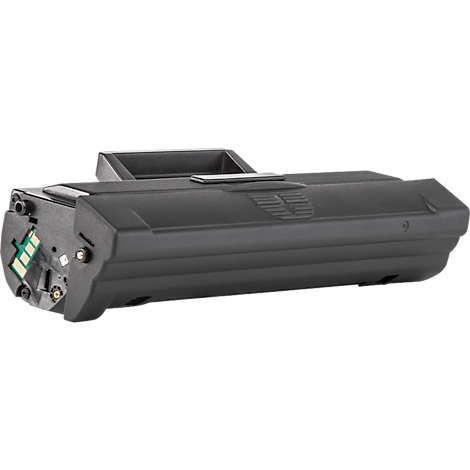 Schwarze Tonerkartusche für Laserdrucker vor weißem Hintergrund.