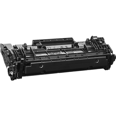 Schwarze Tonerkartusche für Laserdrucker vor weißem Hintergrund.