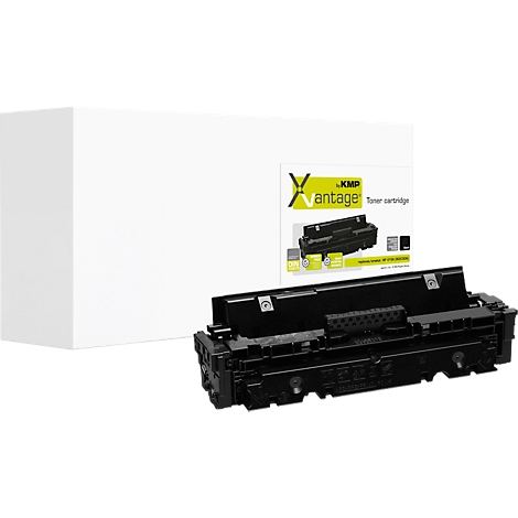 Schwarze KMP Vantage Tonerkartusche vor einer weißen Produktverpackung.