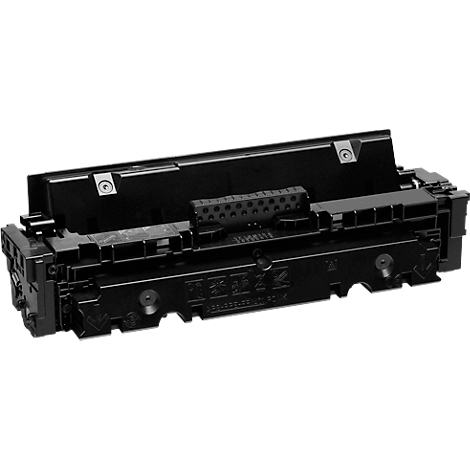 Schwarze Tonerkartusche für einen Laserdrucker auf weißem Hintergrund.