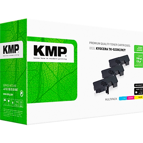 KMP Toner Multipack für Kyocera TK-5230C/M/Y in weißer Verpackung mit grünem Blattmuster.
