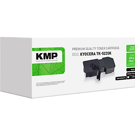 KMP Tonerkartusche für Kyocera TK-5230K in weißer Produktverpackung mit grünem Logo.