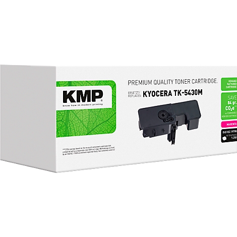 KMP Tonerkartusche für Kyocera TK-5430M in Magenta, verpackt im weißen Karton mit grünem Blattmuster-Logo.