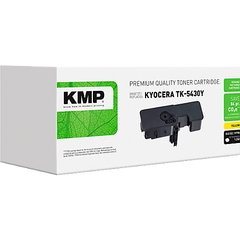 KMP Tonerkartusche für Kyocera TK-5430Y in weißer Verpackung mit grünem Logo und gelbem Akzent.