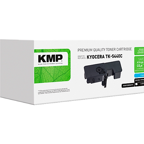 KMP Tonerkartusche für Kyocera TK-5440C in weißer Verpackung mit grünem Blatt-Design.