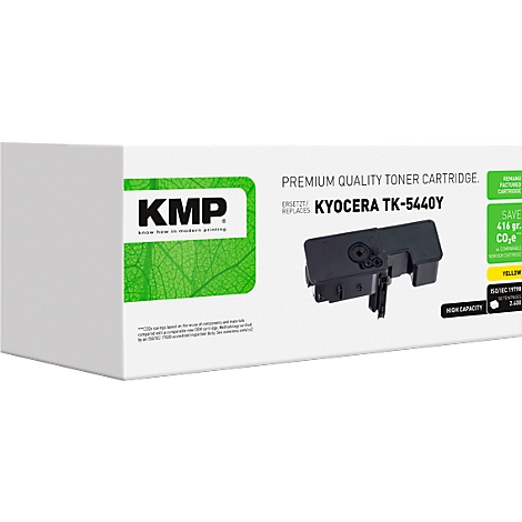 KMP Tonerkartusche gelb, Ersatz für Kyocera TK-5440Y, in weißer Produktverpackung mit grünem Blatt-Design.