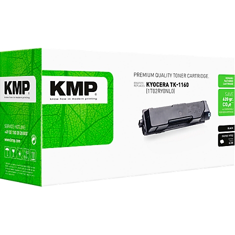 KMP Tonerkartusche TK-1160 für Kyocera Drucker in weiß-grüner Verpackung.