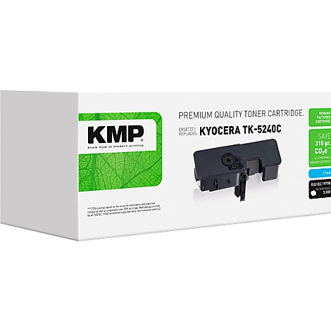 KMP Tonerkartusche für Kyocera TK-5240C in weißer Verpackung mit grünem Blatt-Logo.