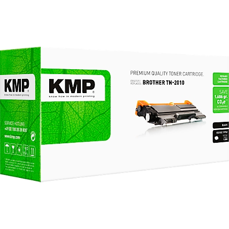 Cartouche de toner KMP pour Brother TN-2010 dans un emballage blanc avec motif de feuilles vertes.