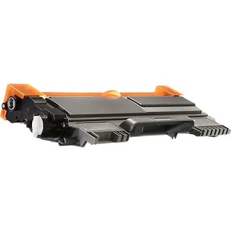 Cartouche de toner noire avec des éléments en plastique orange sur fond blanc.
