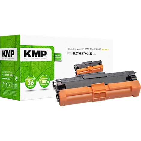 Cartouche de toner et emballage de KMP. L'emballage est blanc avec des accents verts. La cartouche est noire et orange.