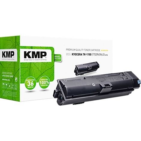 Cartouche de toner noire et emballage avec l'inscription KMP, garantie 36 mois, 100% compatible.