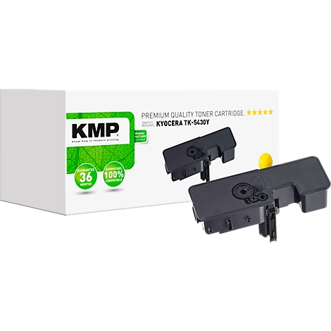 Deux cartouches de toner noires à côté d'une boîte blanche. Sur la boîte, il est écrit "KMP" et "Premium Quality Toner Cartridge".