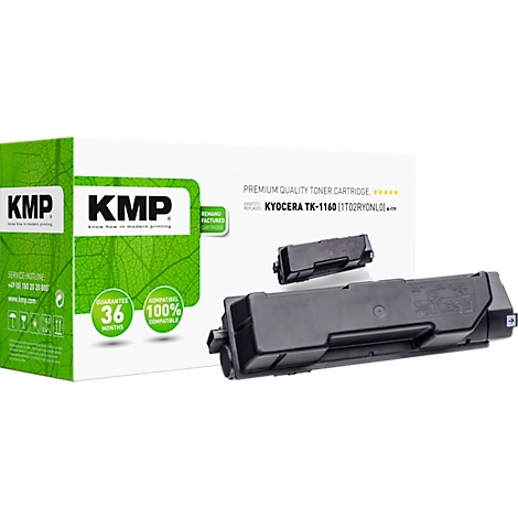 Black toner cartridge with KMP logo on the packaging. Inscription: Premium Quality Toner Cartridge.