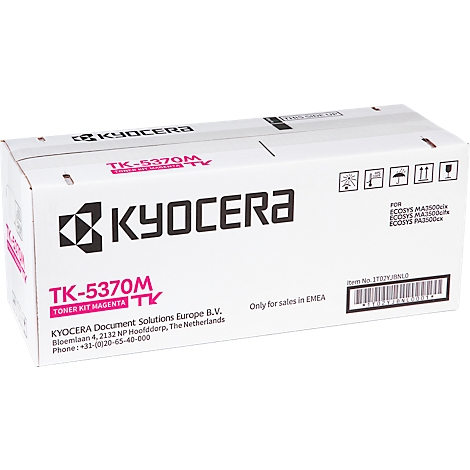 Une boîte en carton blanche avec du texte rose et noir de Kyocera. La boîte indique TK-5370M Toner Kit Magenta.