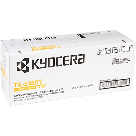 Boîte blanche avec étiquettes Kyocera jaunes et noires. Texte : Kit de toner, TK-5380Y.
