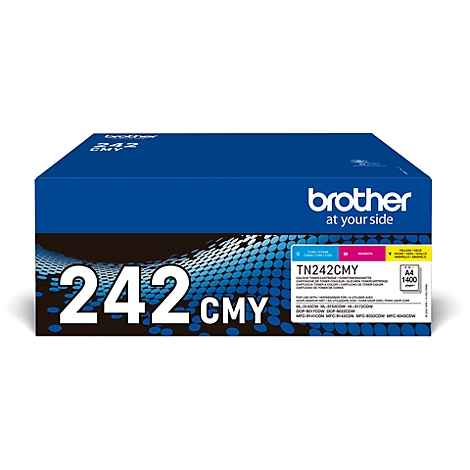Emballage de cartouche de toner Brother bleu et blanc, avec impression '242 CMY', logo du produit et de la marque.