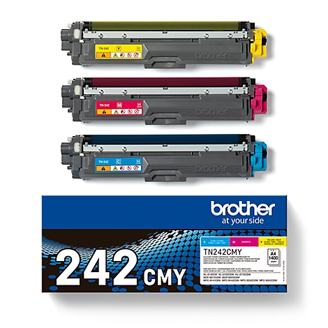 Trois cartouches de toner colorées et une boîte bleue avec "242CMY" et la marque "brother".