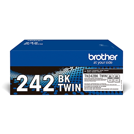 Boîte de cartouche d'imprimante bleue avec texte blanc : 242 BK TWIN, logo Brother.