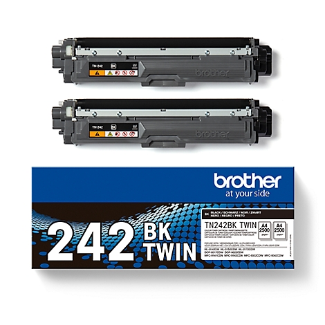 Trois cartouches d'imprimante Brother : deux noires et un emballage avec les mots "242 BK Twin".