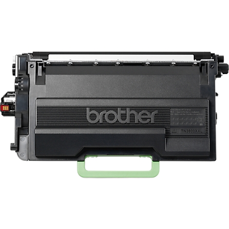 Cartouche de toner Brother noire avec poignée verte. Le logo Brother est clairement visible.