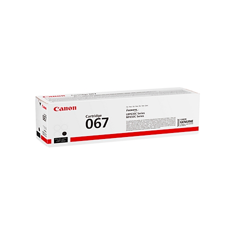 Cartouche de toner Canon 067 dans un emballage blanc avec des accents rouges, des informations sur le produit sont affichées.