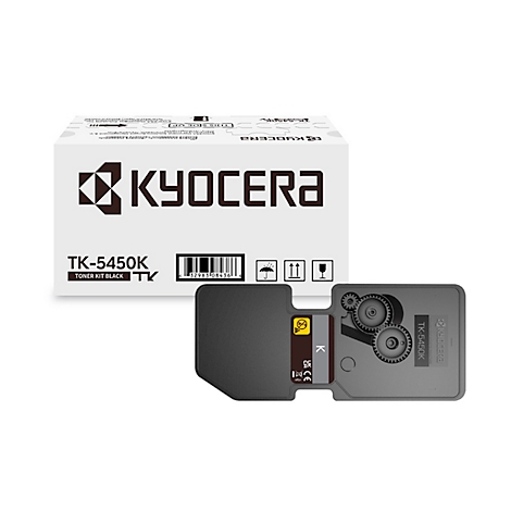 Cartouche de toner Kyocera noire et emballage. L'emballage est blanc et porte le logo Kyocera et la désignation TK-5450K.