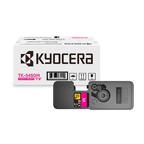 Une cartouche de toner KYOCERA ouverte avec l'inscription TK-5450M en magenta, à côté de l'emballage d'origine.
