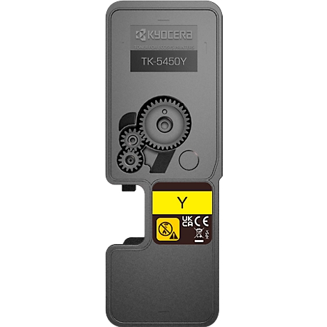 Cartouche de toner noire, marquée en jaune, avec engrenages, logo Kyocera et texte "TK-5450Y".