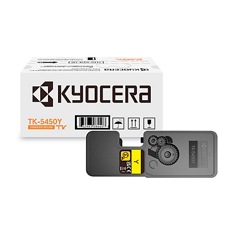 Cartouche de toner Kyocera. Inscription "KYOCERA", ainsi que le nom du produit TK-5450Y.