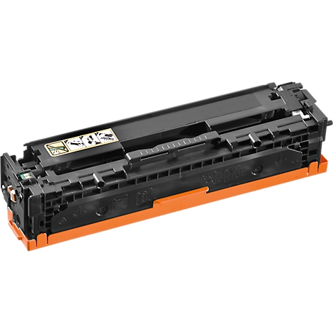 Cartouche de toner noire avec des éléments orange. Des pictogrammes sont sur le dessus.