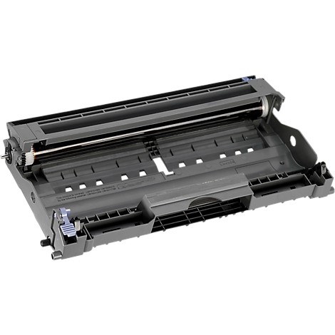 Dunkelgraue Trommeleinheit eines Druckers. In der Mitte ist eine Walze zu sehen, darunter ein schwarzes Gittermuster.