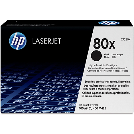 Zwarte HP LaserJet 80x tonercartridge, tekst: Black, Noire, HP LaserJet Pro.