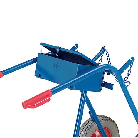 Blue tool cart detail, open box, red handles, gray tire.