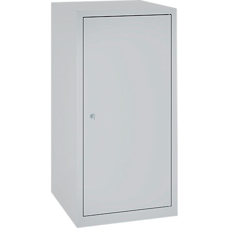 Grey metal cabinet with a rectangular shape. A door handle is visible on the door.
