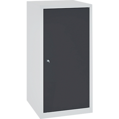 Gray cabinet with a door. The door has a handle.