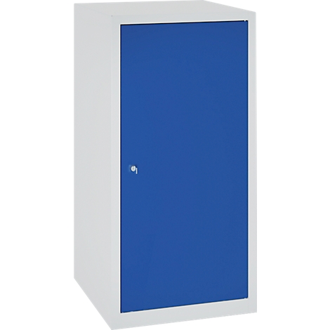 White cabinet with blue door and lock.