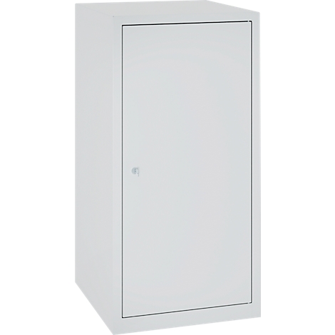 White cabinet with door, handle and angular shape.