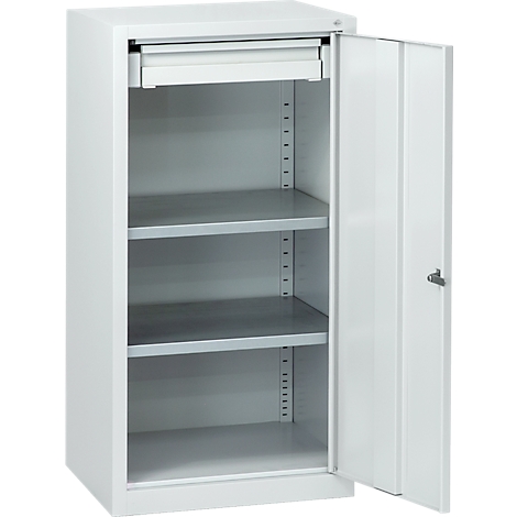 White steel cabinet, door open, three shelves, top drawer. Grey shelves.