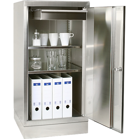 Stainless steel cabinet, door open. Inside: cups, glasses, sugar dispenser, binders. Shelves.
