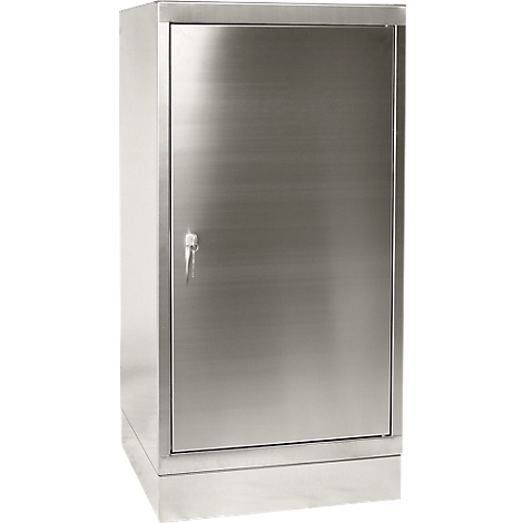 Stainless steel cabinet with door and keyhole. The cabinet stands on a base.