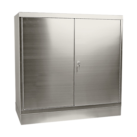 Stainless steel cabinet with two doors and lock, against white background.