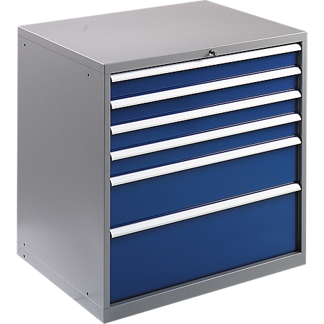 Grey toolbox with six blue drawers and white handles.