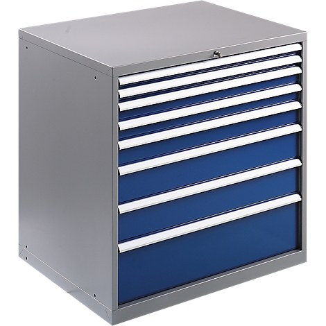 Grey tool cabinet with seven blue drawers and silver handles.